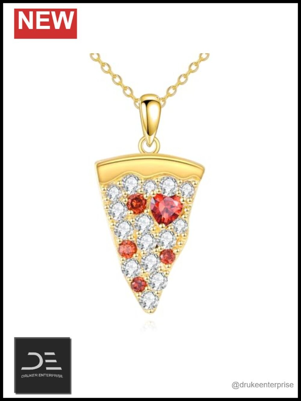 Sterling Silver Pizza Pendant Necklace 18k Plated Funny Food Jewelry Zircon